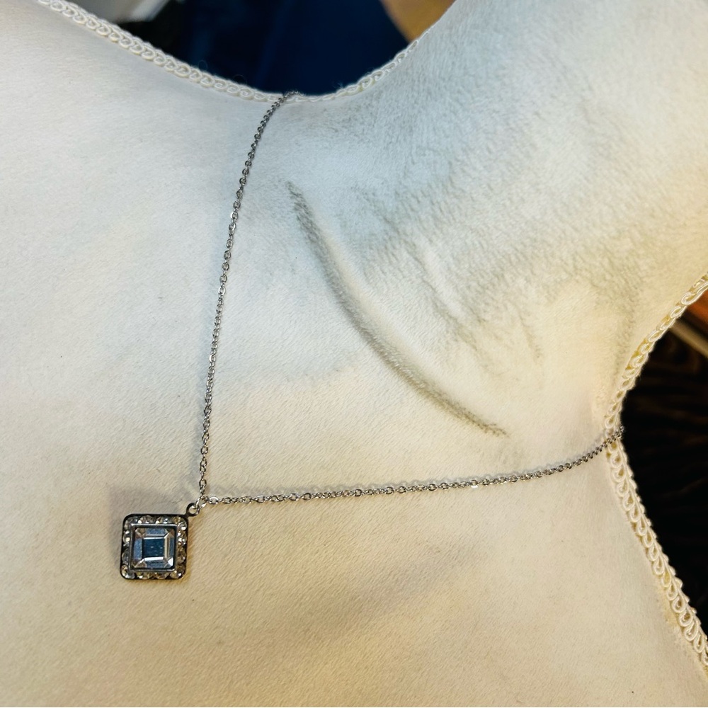 Handcrafted vintage emerald cut halo clear glass stone pendant on chain necklace